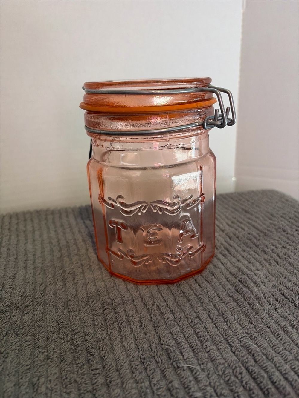 Vintage Pink Glass “Tea” Jar Bale Wire Slack Clamp Lid 6”